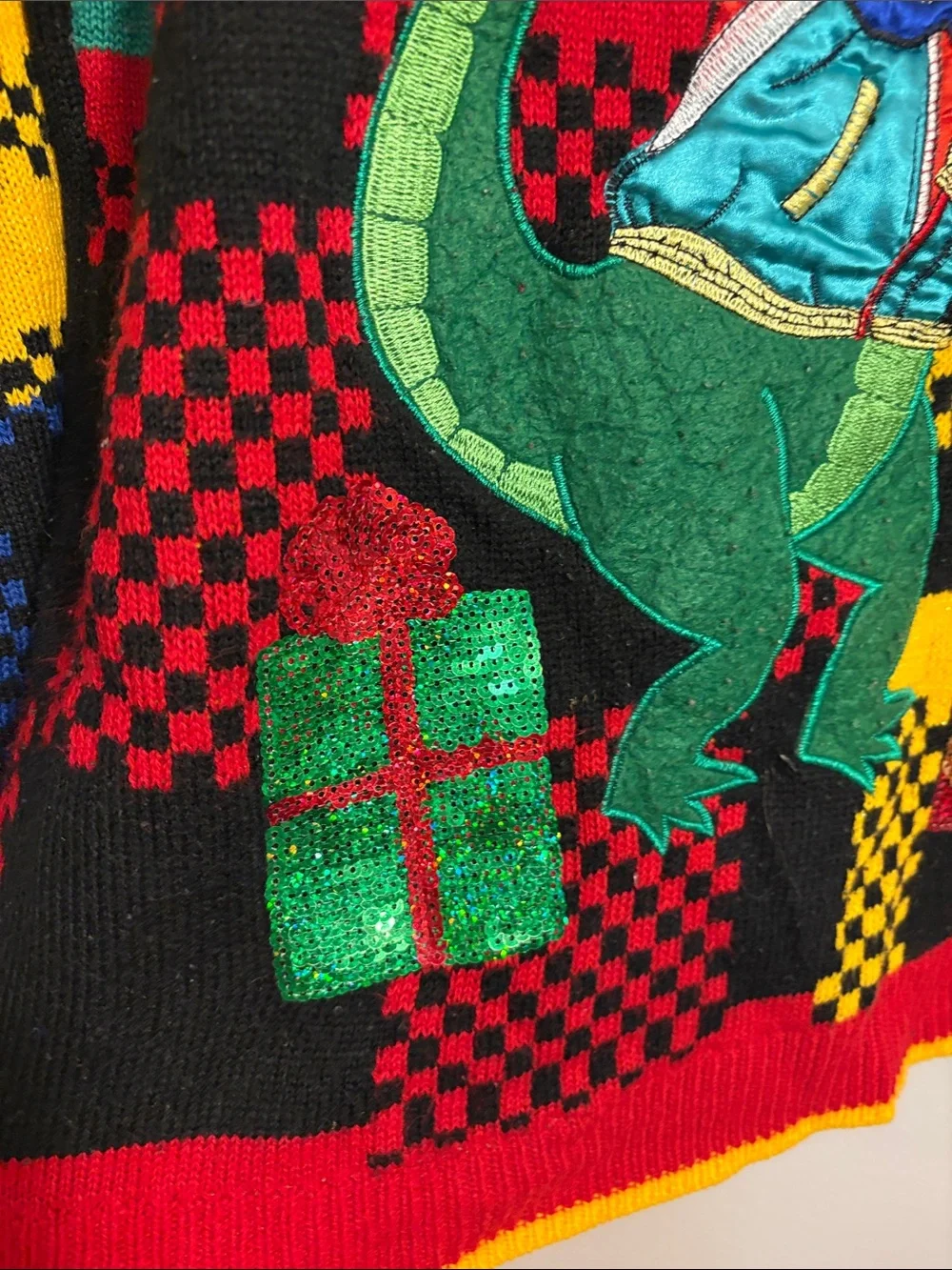 Ugly Christmas  Dino Patch Multicolor Checker Sweater